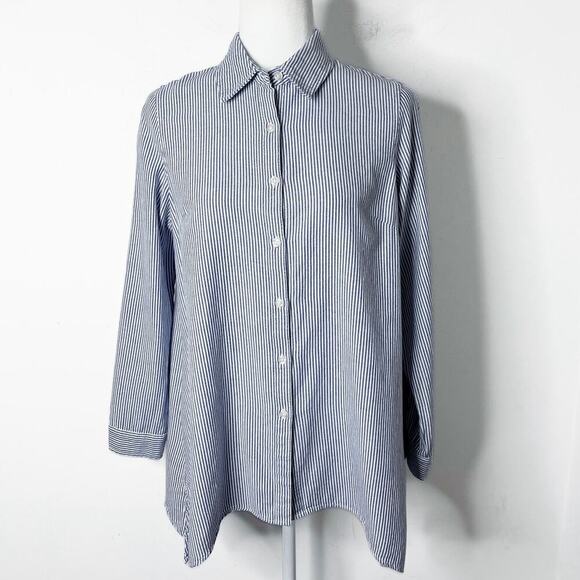 Zac & Rachel Button Up Shirt S Blue & White Striped Asymmetric Hem Long Sleeve - Picture 5 of 12